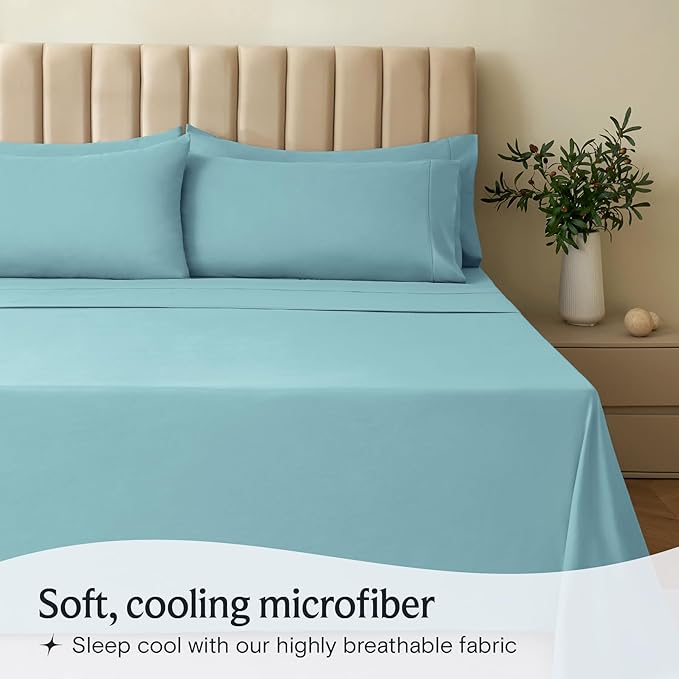 LuxClub 4 PC King Sheet Set, Deep Pockets Wrinkle Free Cooling Bed Sheets Hotel Bedding for Women, Men, Includes 1 Fitted Sheet, 1 Flat Sheet and 2 Pillowcases-Silky Soft Aqua