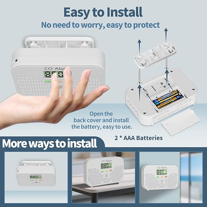 Carbon Monoxide Detector Powered by AA Battery (not Included), CO Monitoring Alarm with LCD Display Screen, Used for Home Basement Kitchen, Hotel Garage, Bedroom, Living Room Voice Alarm 6 Pack