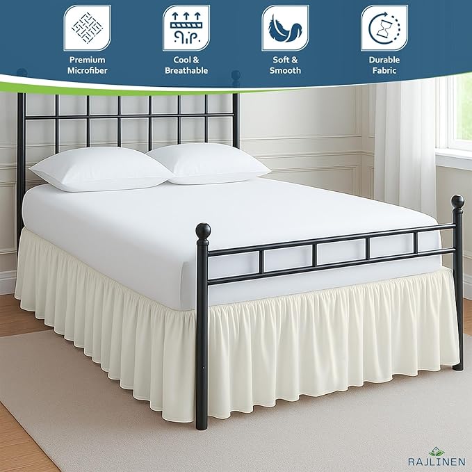 Rajlinen Ruffled Bed Skirt Queen, 10 Inch Drop Dust Ruffle with Split Corners, 100% Microfiber Bedskirt with Platform, Three-Sided Coverage Ruffled Gathering Design, Ivory
