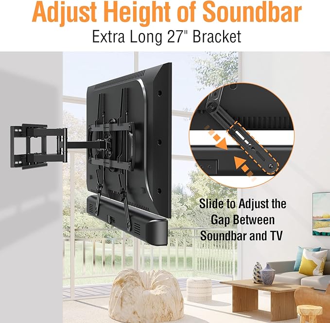 ELIVED Soundbar Mount, Sound Bar TV Bracket, for Mounting Above or Under TV, Fits Most Sound Bars Up to 15 Lbs, Tool-Free Knob Adjustable, for 23-90" tvs with Detachable Extension Arms and L-Brackets
