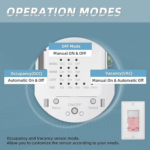 ECOELER Motion Sensor Light Switch, PIR Motion Detection Wall Switch with Adjustable Sensitivity, OCC/VAC Selectable, Neutral Wire Required, Single Pole Occupancy Sensor for Bathroon, Laundry