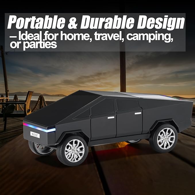 Futuristic Pickup Truck Bluetooth Speaker with LED Display Screen – Practical Gift Choice for Car Model Fans & Audio Users, TWS Stereo, FM Radio, USB/TF Playback, Front LED Headlights, Mic(Black)