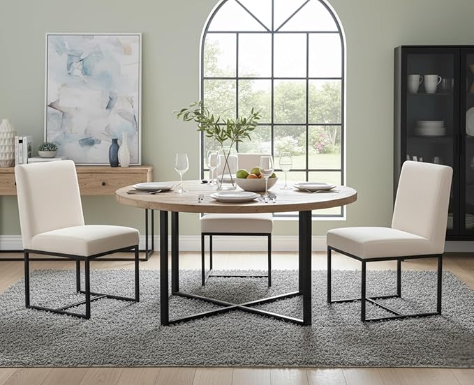 CIMOTA Modern Linen Dining Chair Set of 6, Mid Century Dining Room Chairs Fabric Upholstered Armless Side Chair with Black Sled Base for Dining Room, White Cream 6PCS