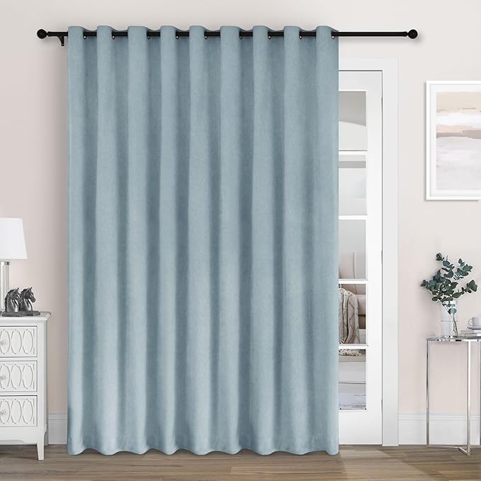 Macochico 100% Blackout Chenille Curtains for Sliding Door Thermal Insulated Noise Reducing Drapery for Living Room Bedroom Hotel, Grommet Curtains with Tieback, Light Blue, 120" Wx96 L 1 Panel