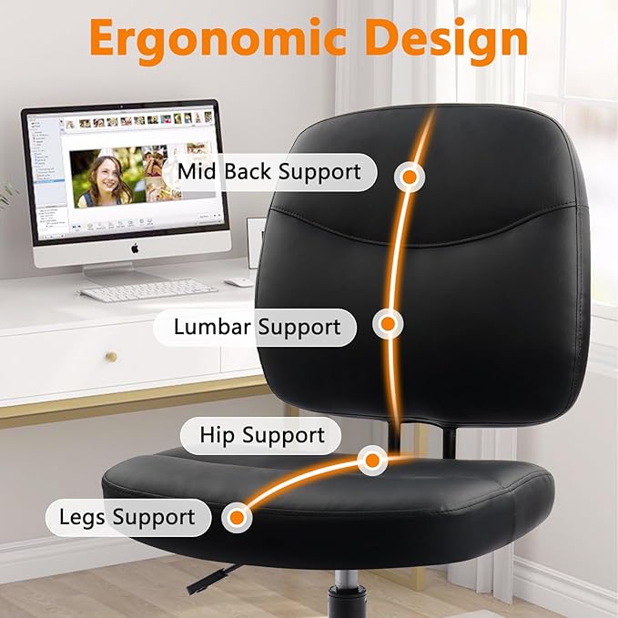 CLATINA Armless Home Office Chair, Small PU Leather Ergonomic Low Back Desk Chair with Lumbar Support and Wheels, Adjustable Height 360° Swivel Rolling Computer Task Chair, Black