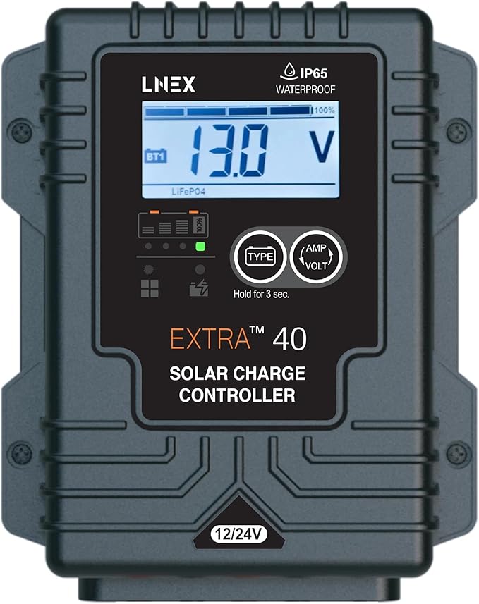 LNEX Solar Charge Controller Waterproof, 40A Solar Panel Regulator with Temp Sensor,Backlit LCD, 12V/24V PWM Solar Controller for LiFePO4,AGM, Gel, Flooded and Lithium Battery