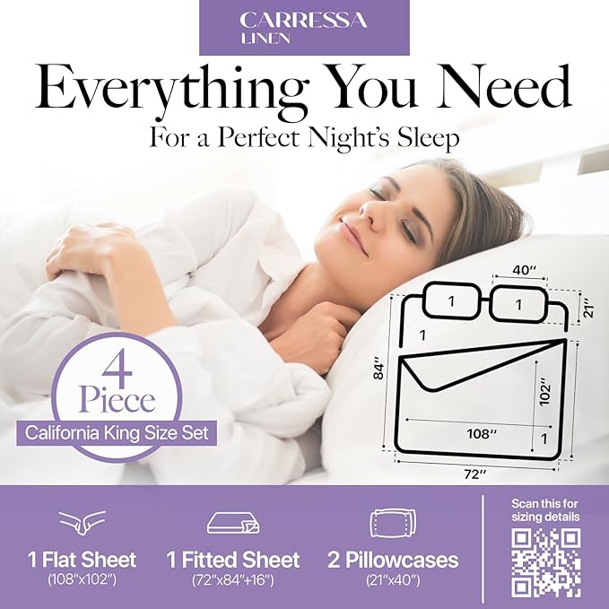 Carressa Linen California King Egyptian Cotton Sheet Sets - 600 Thread Count Cal King Cotton Sheet Set (4 PC, Ivory Cream), Extra Soft, Cooling, 16" Deep Pocket Sateen Weave Luxury Hotel Bed Sheets