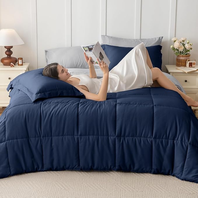 JOLLYVOGUE Twin XL Comforter Set, Ultra-Soft Bed in a Bag Twin XL Size 5 Pieces, Oeko-TEX Certified Bedding Set with Down Alternative Comforter, Sheets, Pillowcases & Shams, Navy Blue & Light Grey