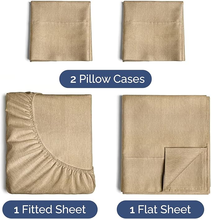 Twin XL Sheets Set 6 Piece - Includes 2 Pillowcases - Bed Sheets Twin XL - Soft Hotel Luxury Bedding - Cooling, Comfy & Breathable - 1 Flat & 1 Fitted & 2 Pillowcases w/ Deep Pockets - Heathered Tan