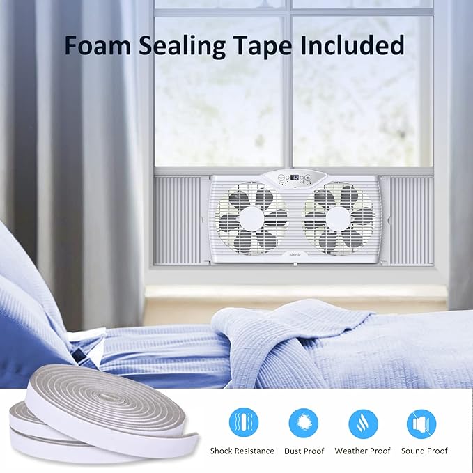 shinic Twin Window Fan with Reversible Airflow, Thermostat Controlled, 3 Speeds & 3 Functions(Exhaust, Intake & Circulate), 23.8" - 37" Expandable Width for Home Kitchen Use