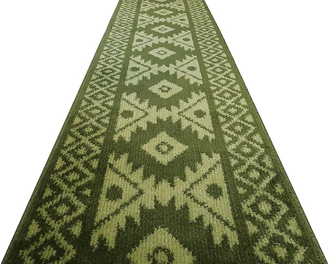 Custom Length Hallway Runner Rug,Slip Resistant,Southwestern Green, 26 Inch X 13 feet, Sold and Priced Per Foot