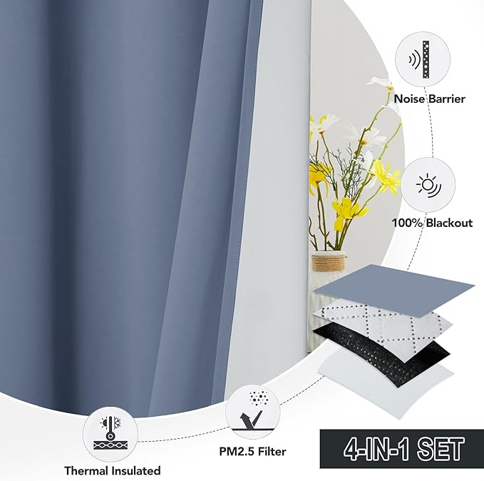RYB HOME PM 2.5 Filter Curtains for Living Room/Bedroom, Soundproof Blackout Large Window Curtains for Dust Sandstorms Smog Pollen Odor Filtering, Stone Blue, W42 x L84 inch, 2 Panels