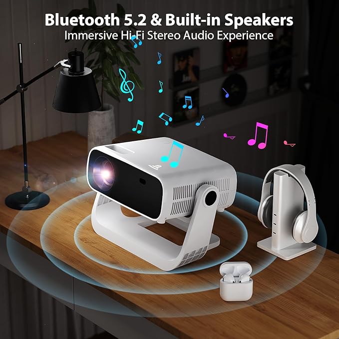 Wielio Smart Projector with WiFi 6 and Bluetooth - 4K Support 350Ansi Portable Bedroom Mini Projector Native 1080P , 2026 New Auto Keystone & Zoom Home Theater Cinema Movie Proyector, 120° Stand