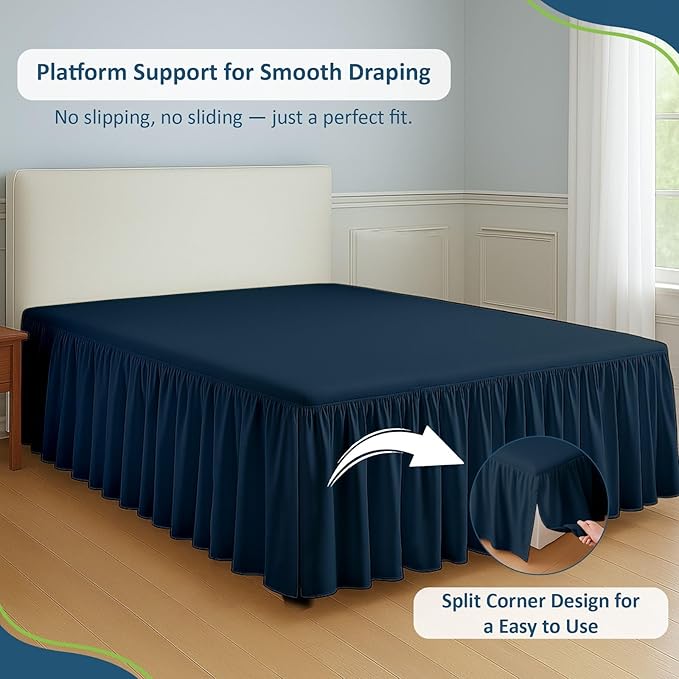 Rajlinen Ruffled Bed Skirt Twin XL, 10 Inch Drop Dust Ruffle with Split Corners, 100% Microfiber Bedskirt with Platform, Three-Sided Coverage Ruffled Gathering Design, Navy Blue