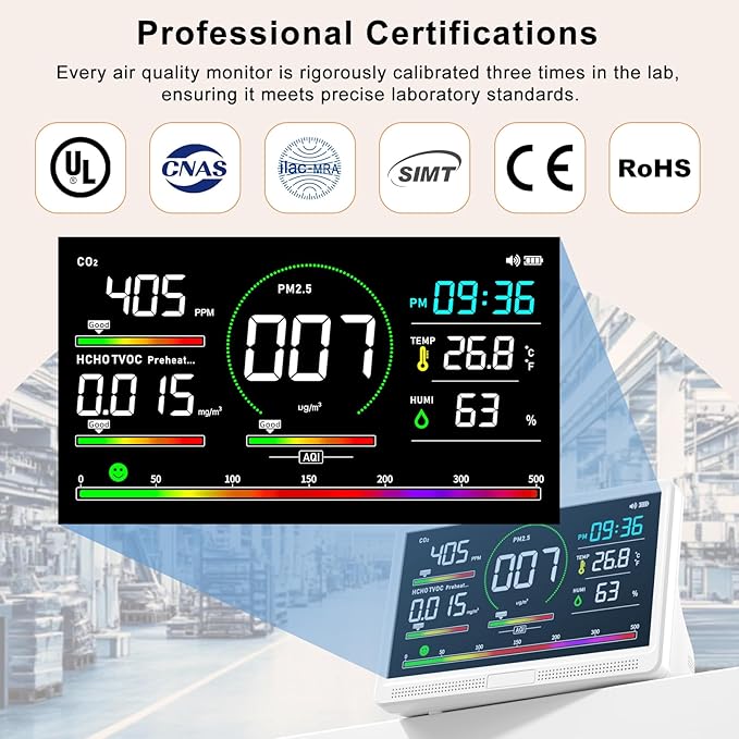 16 in 1 Air Quality Monitor Indoor 7" Display 9 AQI+7 AQI Alerts,Portable Air Quality Tester CO2, TVOC, PM2.5 PM1.0 PM10, HCHO Temperature Humidity AQI & Time Air Quality Meter for Home