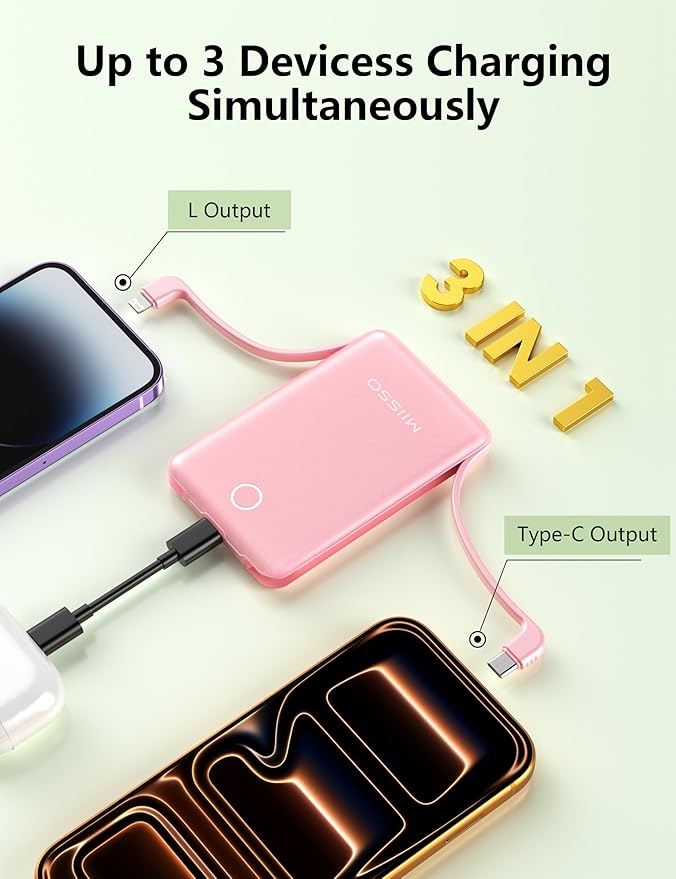 miisso 10000mAh Mini Portable Charger with Built in Cable, Pocket Size Power Bank Travel External Battery Pack for Phone, 3 Output USB Type C Cord Clutch Compatible with iPhone, Samsung, Pink