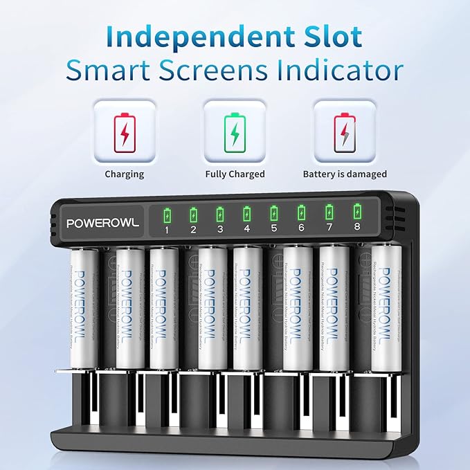 POWEROWL Rechargeable AAA Batteries Kit - 8 Pack 1000mAh High Capacity Low Self Discharge NiMH Double A Battery with 8 Independent Slots Charger
