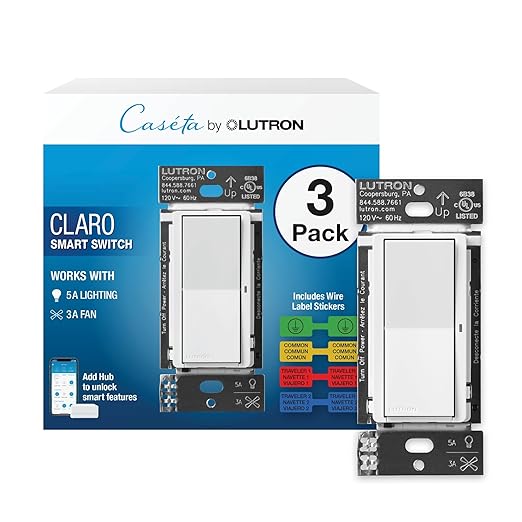 Lutron Claro Smart Light Switch for Caseta Lighting, for LED Lights, Fans, 5 Amp, Single-Pole/3-Way, Neutral Required, DVRF-5NSS-WH-3, White, 3 Pack