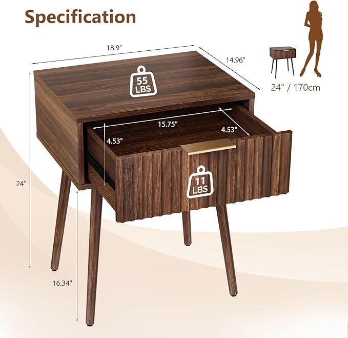 VINGLI Nightstands Set of 2, Fluted Night Stand with Drawer, Bedside Table, Wood Nightstand for Bedroom, Mid Century Modern End Tables, Walnut, 18.9" W*14.96" D*24" H