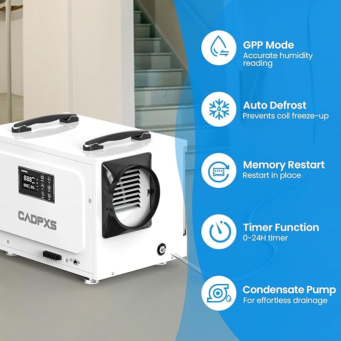 CADPXS Crawl Space Dehumidifier with Pump, 125 Pints Commercial Dehumidifiers with Drain Hose, Dehumidifier for Crawlspace, Basements & Water Damage Use, Auto Defrost, Memory Restart, cETL Listed