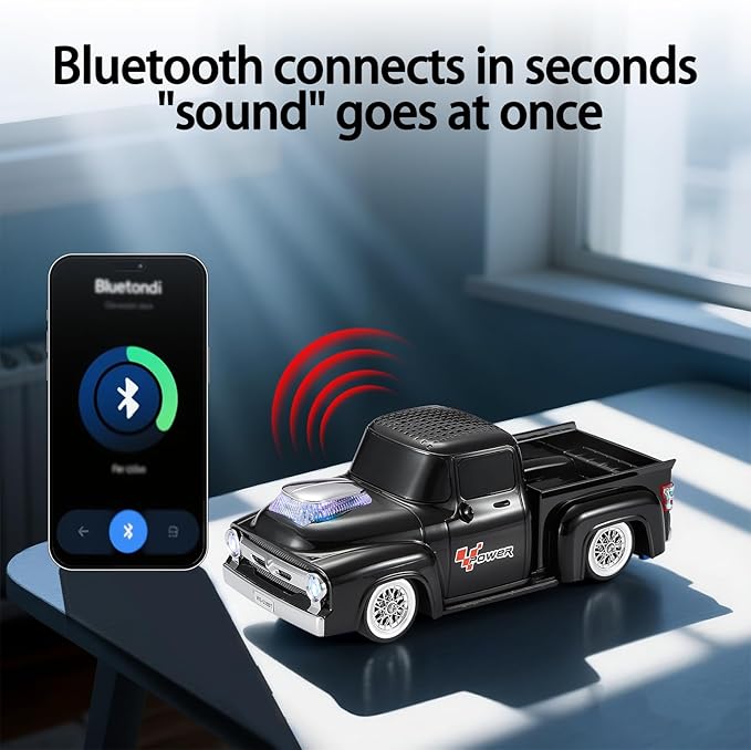 WSTER WS-538 Retro Pickup Truck Bluetooth Replica Speaker – Portable Wireless Car Model Speaker with FM, TWS, LED Party Lights, USB/TF Playback, Built-in Microphone, Type-C, Surprise Gift(Black)