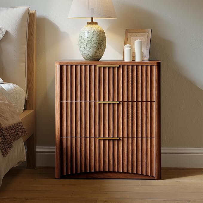 Evermagin Fluted Nightstand Set of 2, Walnut Bedside Table with 3 Drawers, Wood End Table with Storage Mid Century Modern, Large Night Stand for Bedroom