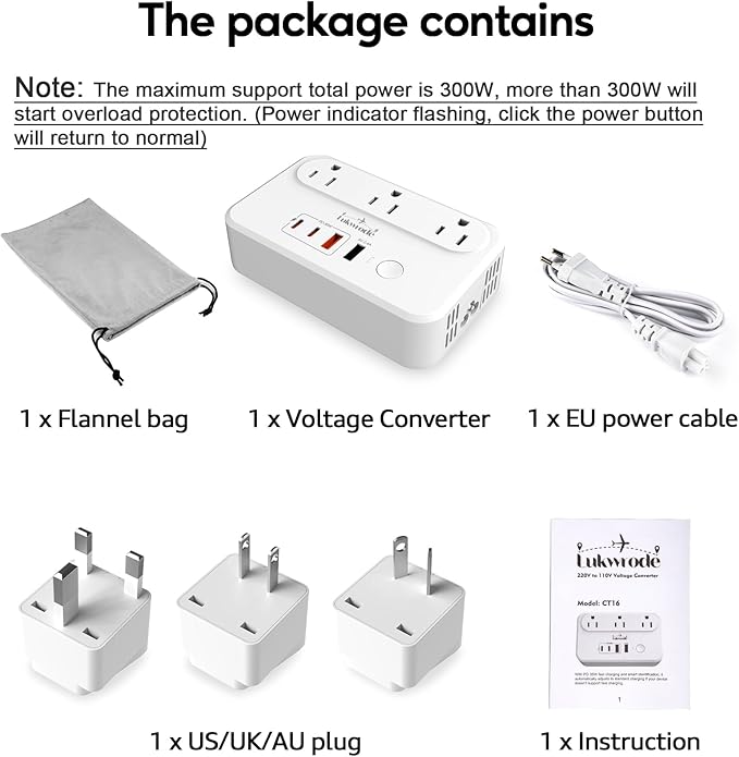 Lukwrode 220V to 110V Voltage Converter Universal Travel Adapter with 35W PD 2 Type C Port 2 USB A Port,US to Europe International Power Converter Combo Plug for Worldwide European US EU AU UK White-W