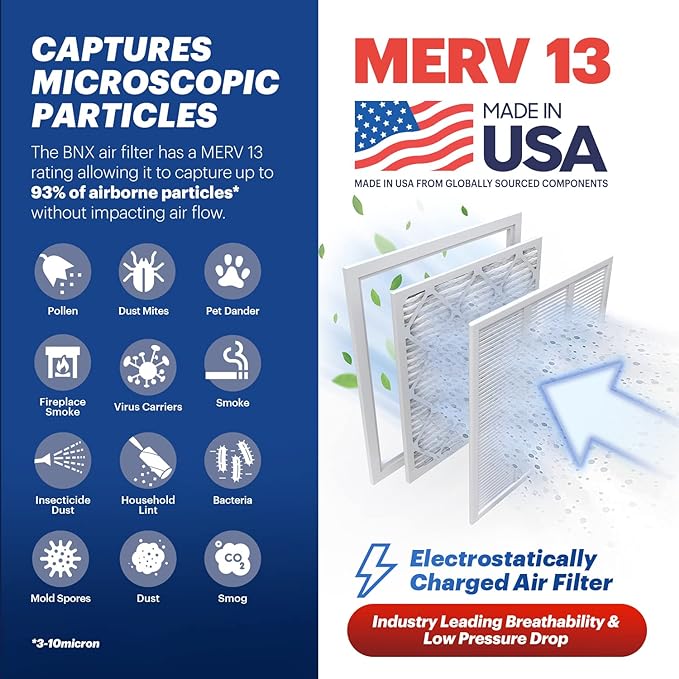 BNX TruFilter 16x16x1 Air Filter MERV 13 (6-Pack) - MADE IN USA - Electrostatic Pleated Air Conditioner HVAC AC Furnace Filters for Allergies, Pollen, Mold, Bacteria, Smoke, Allergen, MPR 1900 FPR 10