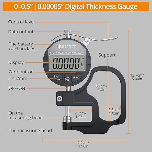 Neoteck Digital Thickness Gauge (Silver-Black, 0-0.5"/0.00005")