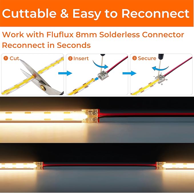 COB LED Strip Lights Neutral White 3500K, 24V DC Premium Tape Light with Strong 3M VHB Tape, CRI 95, UL Listed, Cuttable, Dimmable, for Living Room, Stairs, Shelves (NO Power Supply)