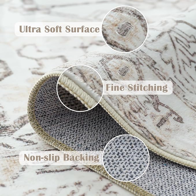 jinchan Lima Washable Area Rug 3x5 Entryway Rug - Distressed Vintage Floral Ultra-Thin Low-Pile Soft Non-Shedding Indoor Floor Carpet for Kitchen Bedroom Entrance Laundry Living Room (3x5ft, Taupe)