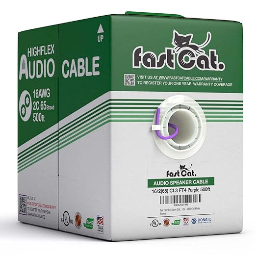fast Cat. Speaker Wire 16 Guage 2C, UL Listed & CMR/CL3R-FT4 Rated - Speaker Cable w/PVC Jacket, 100% Oxygen-Free Pure Bare Copper - (65) HighFlex 16 Guage Wire - in-Wall Use-500ft Bulk Cable, Purple