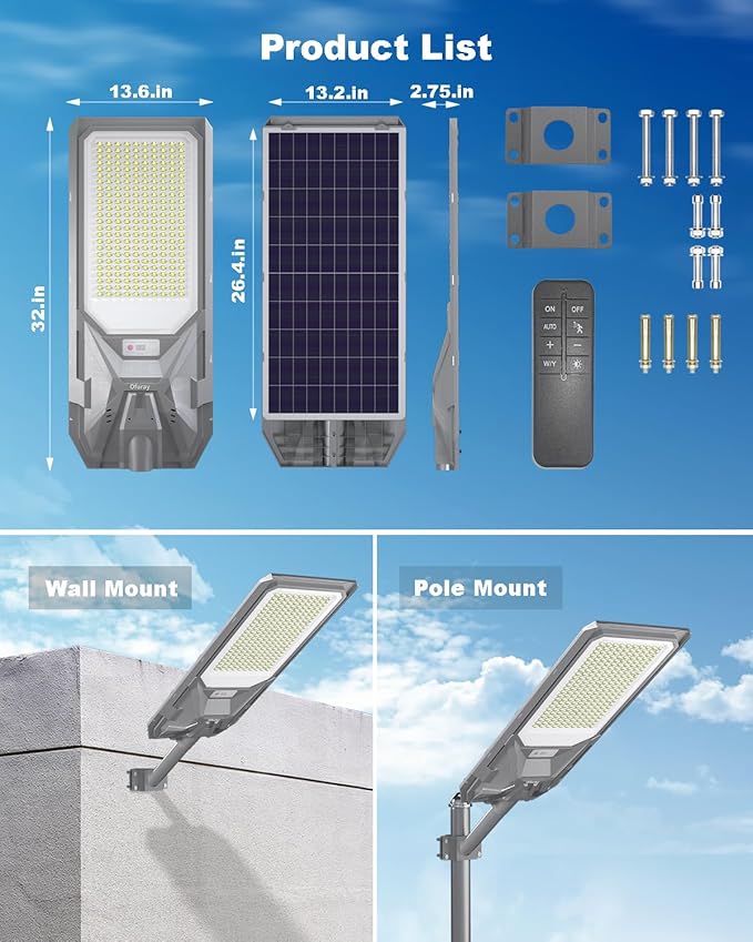 Ofuray Of-9000W Solar Street Lights Outdoor, Commercial Dusk to Dawn Solar Security Flood Light with Remote Control Motion, IP67 Waterproof, 6500K for Parking Lots, Courts, Barns