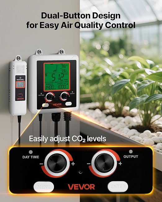 VEVOR Carbon Dioxide Monitoring Controller, Dual Outlets Carbon Dioxide Controller, CO2 Meter Monitor Day and Night Detection Feature, NDIR CO2 Sensor for Green House, Laboratories, Classrooms, Home