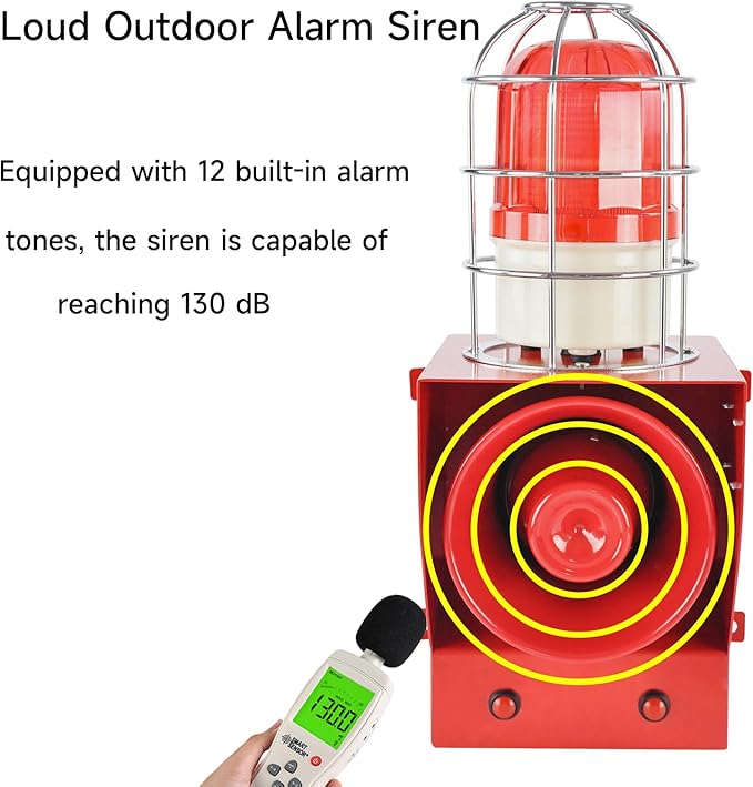 EOKHEOY Alarm Siren Waterproof Indoor/Outdoor Security Emergency Adjustable 130dB Loudest Sirens with Beacon Light Protective Net Plug for Factory, Office, Warehouse, School AC110-120V