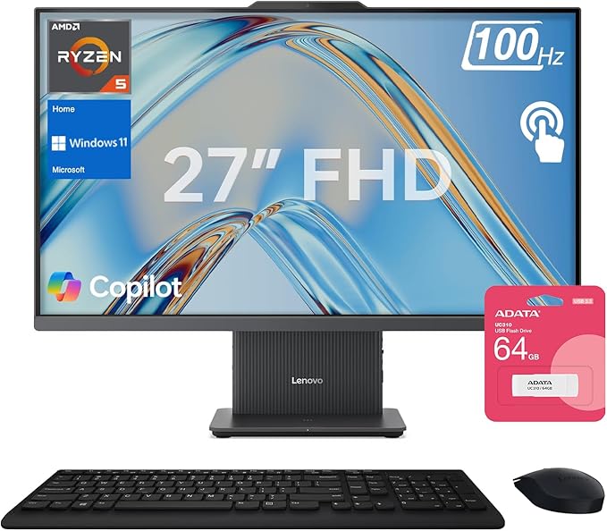 Lenovo IdeaCentre Business All-in-One, 27" FHD Touchscreen 100Hz, AMD Ryzen 5 7535HS, 32GB DDR5 RAM, 1TB SSD, Webcam, Wireless KB & Mouse, Windows 11 Home, Bundle with Adata 64GB USB Flash Drive