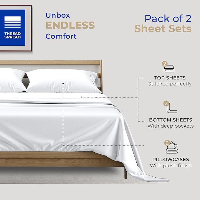 THREAD SPREAD 2-Pack Twin XL Sheet Sets Cotton - 400 Thread Count 100% Cotton Sateen Weave - Soft, Breathable, Hotel Quality Cooling Sheets, 2 Sets of Twin XL Size Deep Pocket Bed Sheets (White)
