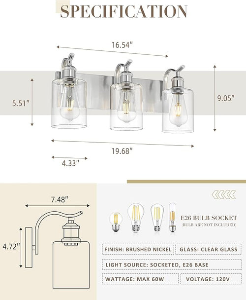 3-Light Bathroom Vanity Light, Brushed Nickel Wall Sconce, Modern Bathroom Light with Clear Glass, VL01BN-3