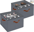 Shoe Organizer for Closet, Foldable Shoe Storage Box with Clear Top Lid, 3 Leather Handles, Adjustable Dividers, Fits 8-16 Pairs, Stackable Shoe Bin for Bedroom (Gray, 2 PCS/16.9*11.8*1.57 inch)