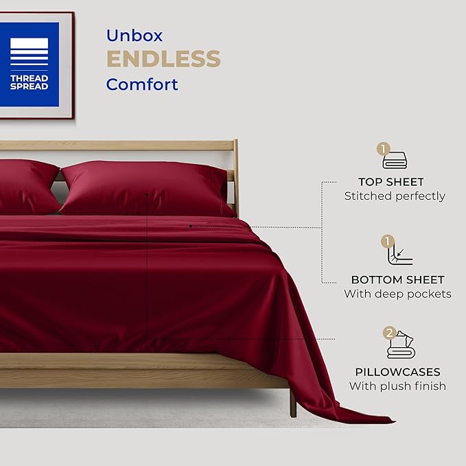 THREAD SPREAD 100% Cotton Bed Sheets Full Sheet Set - 400 Thread Count Sheets Full Size 4 PC Set (Burgundy), Soft, Cooling, Hotel-Quality 16" Deep Pocket Sateen Cotton Bedsheet for Hot Sleepers