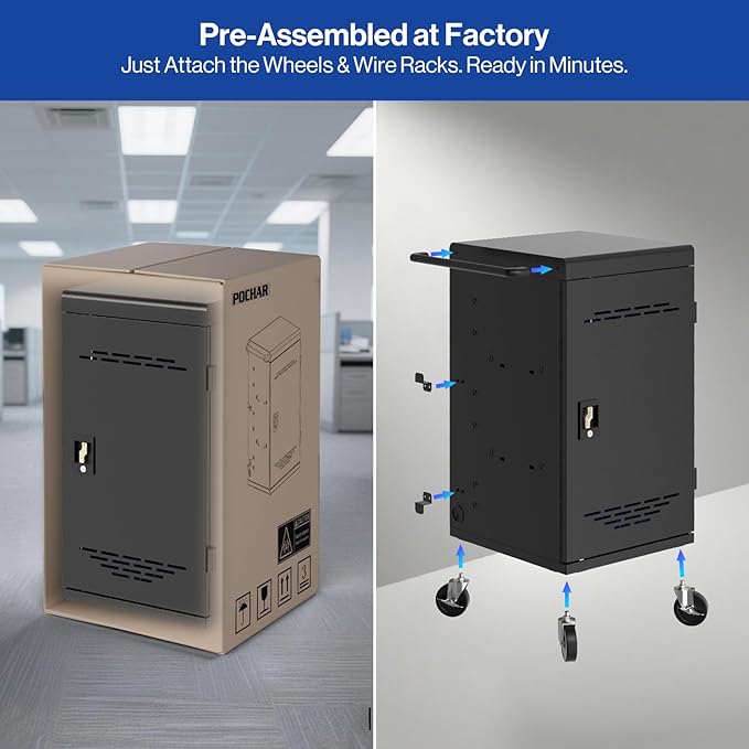 Fully Assembled 30 Unit Device Charging Station for Chromebook, iPad, 14'' Laptop - Charging Cart with Charger Cable Management, Circuit Breaker, Grounding Protection