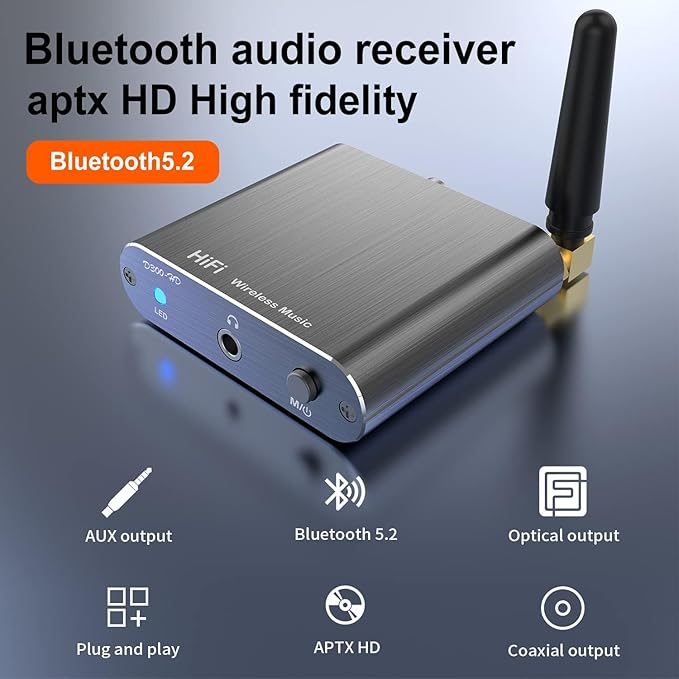 Bluetooth Receiver for Home Stereo, DAC Bluetooth 5.3 Adapter with RCA/Optical/AUX 3.5mm Output, HiFi Audio Wireless Receiver for Old Stereo System (aptX HD aptX Low Latency aptX AAC SBC)