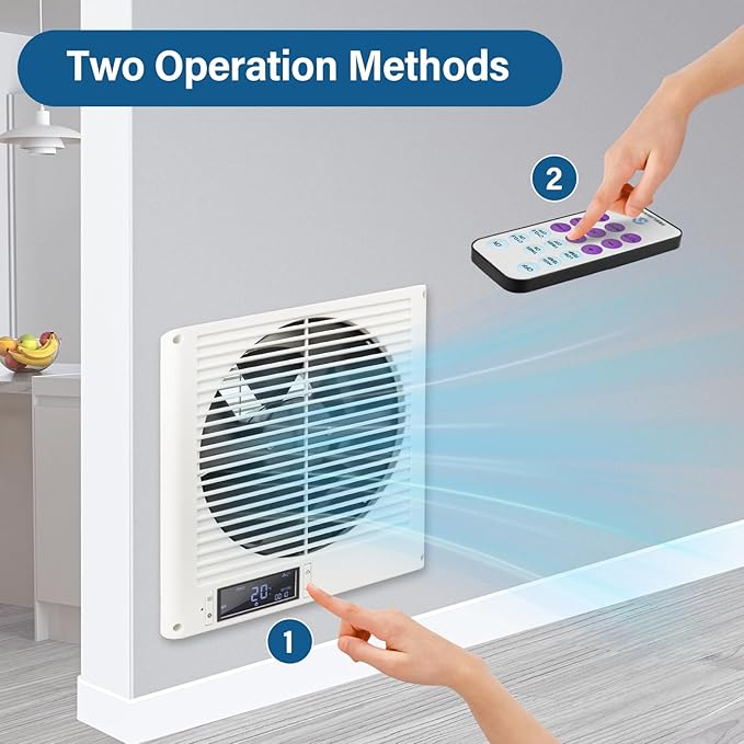 Feeligivin 20W 8” Room to Room Fan 10-Speed RC Two-Way Reversible Airflow Through Wall with Temperature and Timer Setting In-Wall Vent Fan