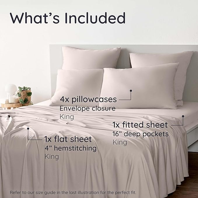 Bambaw 100% Viscose Derived from Bamboo Sheets King Size Set – 6pcs Deep Pocket King Sheets Cooling, Fits Up to 16'' with Elastic Corner Straps, Super Soft Bedding Set (Sand)