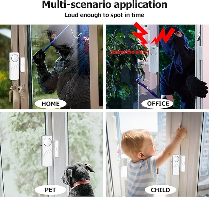 Security Door Window Alarm, 90DB Wireless Sensor Door Window Burglar Alarm, Door Alarms for Kids Safety, Easy Installation Doorbell Alarms for Office House Window Pool (2 Pack)