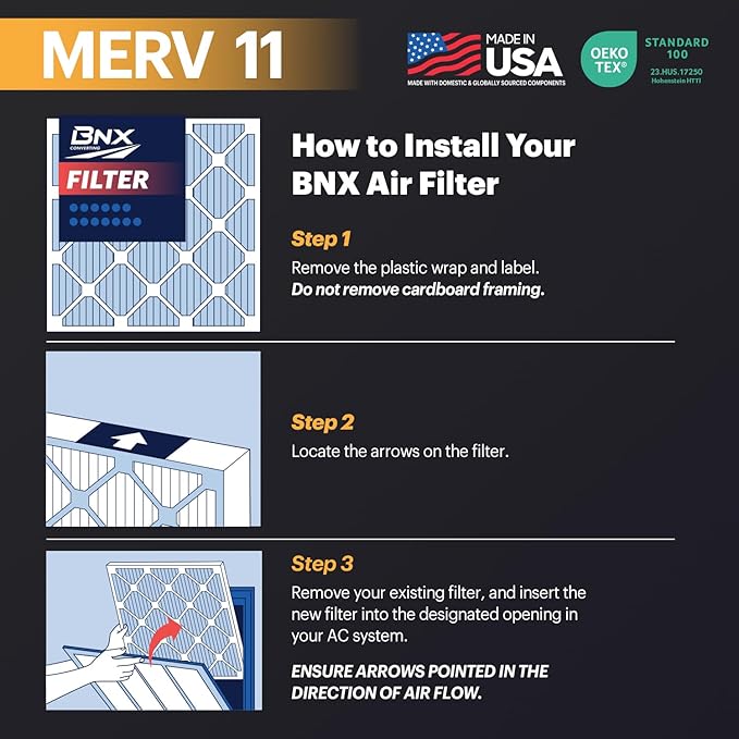 BNX TruFilter 16x24x1 Air Filter MERV 11 (6-Pack) - MADE IN USA - Allergen Defense Electrostatic Pleated Air Conditioner HVAC AC Furnace Filters for Allergies, Dust, Pet, Smoke, Allergy MPR 1200 FPR 7