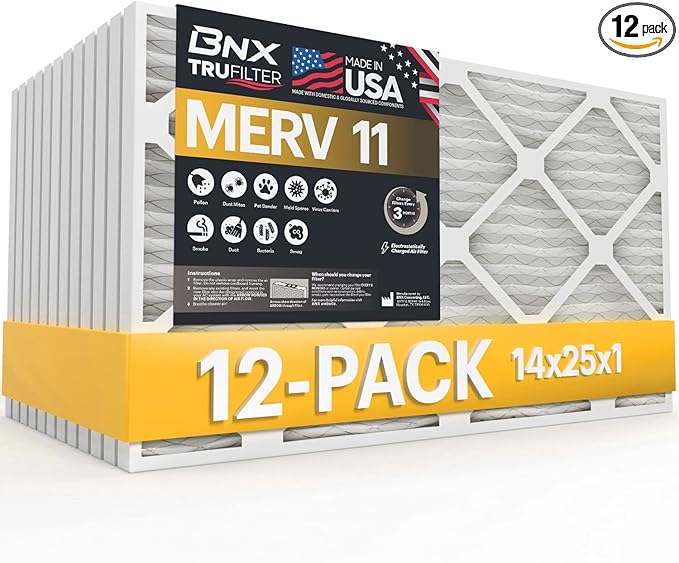 BNX TruFilter 14x25x1 Air Filter MERV 11 (12-Pack)- MADE IN USA - Allergen Defense Electrostatic Pleated Air Conditioner HVAC AC Furnace Filters for Allergies, Dust, Pet, Smoke, Allergy MPR 1200 FPR 7