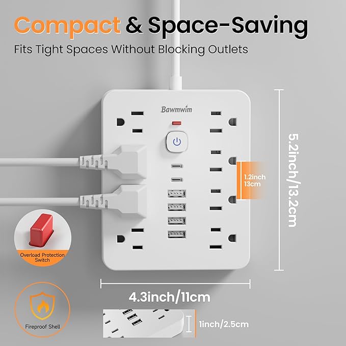 Bawmwim Surge Protector Power Strip - 8 Outlets(1250W/10A) 4 USB A（2 USB C, 6FT Flat Plug Extension Cord, Wall Mount Multi Plug Outlet Extender, ETL Listed for Home, Dorm Room