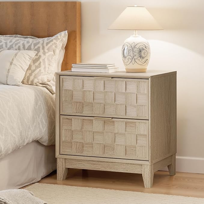 COLAMY Nightstand with Charging Station, 22" Modern Bed Side Table with 2 Storage Drawers and Chessboard Relieffor Bedroom, Dorm and Small Spaces - Oak