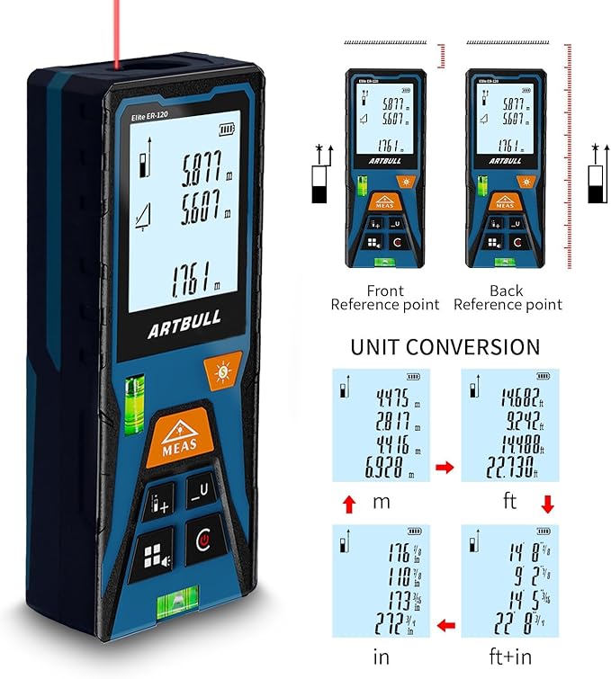 Laser Distance Meter 393ft – Digital Laser Measuring Tool with LCD Backlit Display, Area Volume Pythagorean, ±2mm Accuracy, Class II, Electronic Tape Measure for DIY Construction – AAA Battery Powered